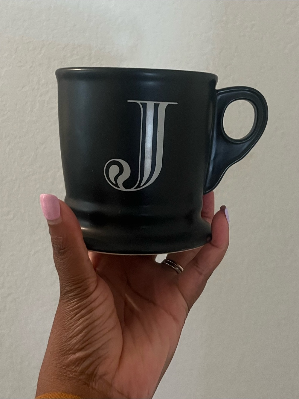 Anthropologie Black Mug with White Monogram - Coffee Mug with Initial “J”
